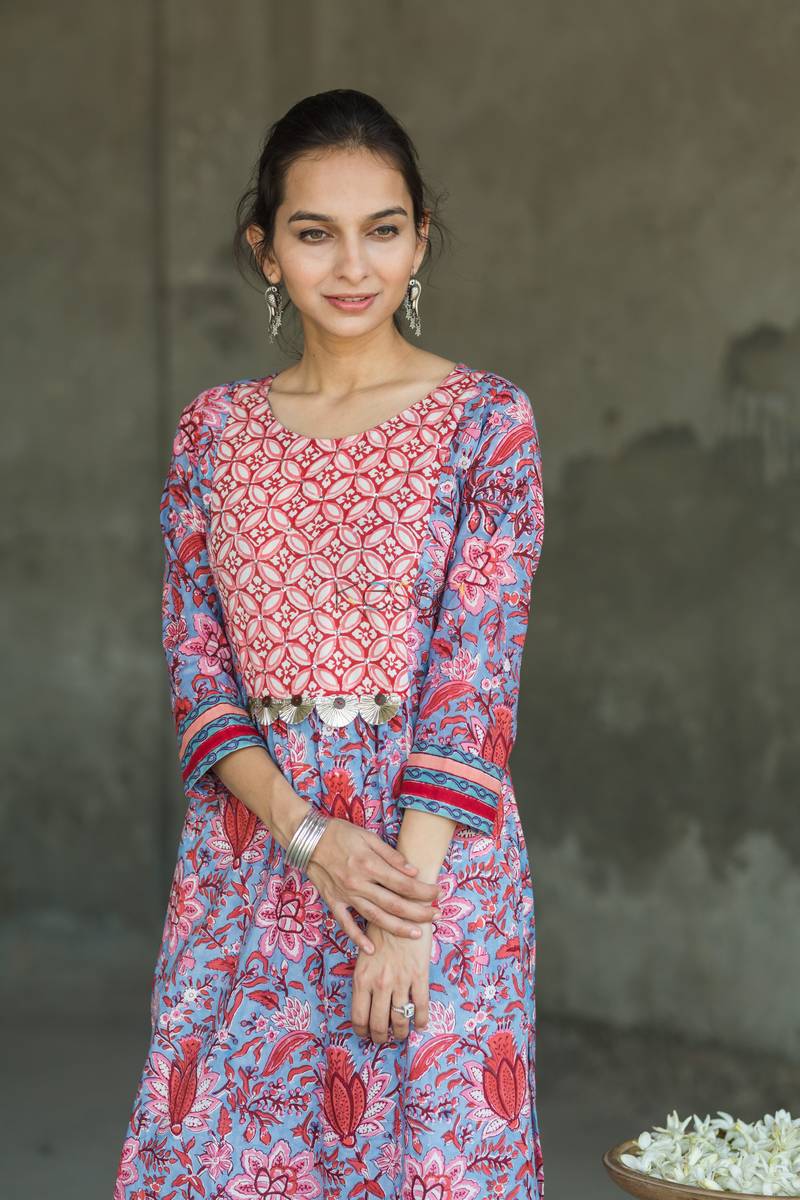Image for Red Blue Jaal Kurta With Gotta Featured