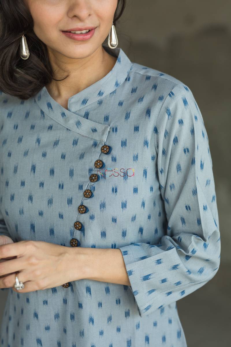 Image for Slaty Blue Ikat Kurta Close Up