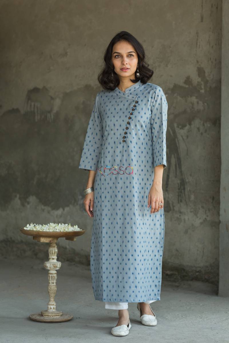 Image for Slaty Blue Ikat Kurta Front