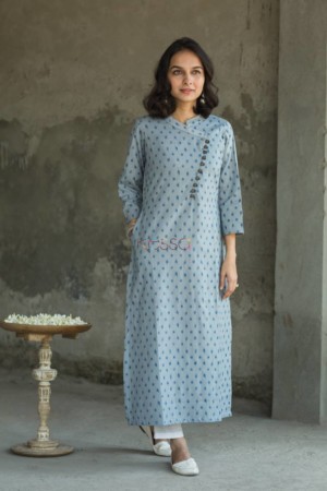 Image for Slaty Blue Ikat Kurta Side Pocket