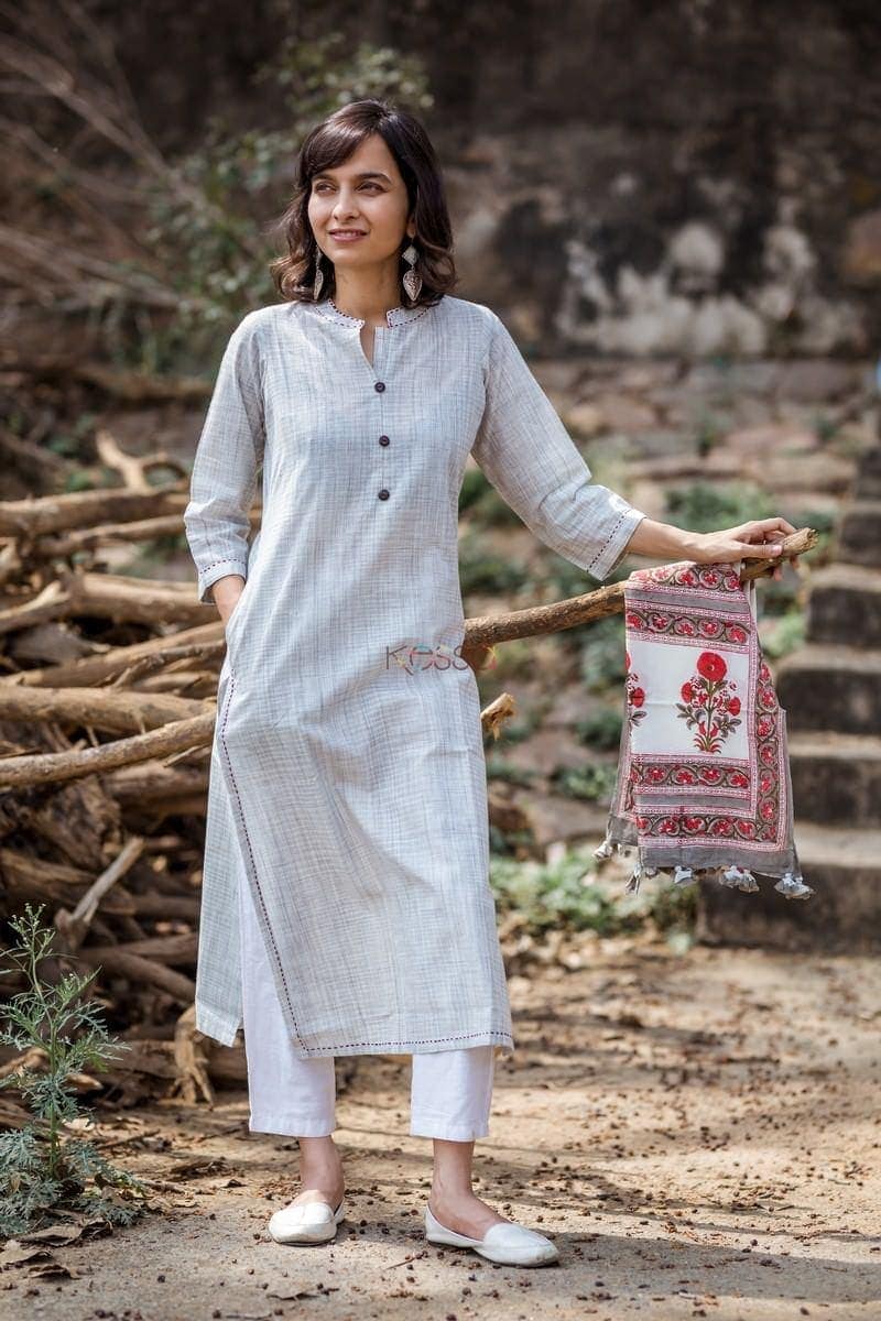 Image for Grey Solid Plain Kurta Pockets