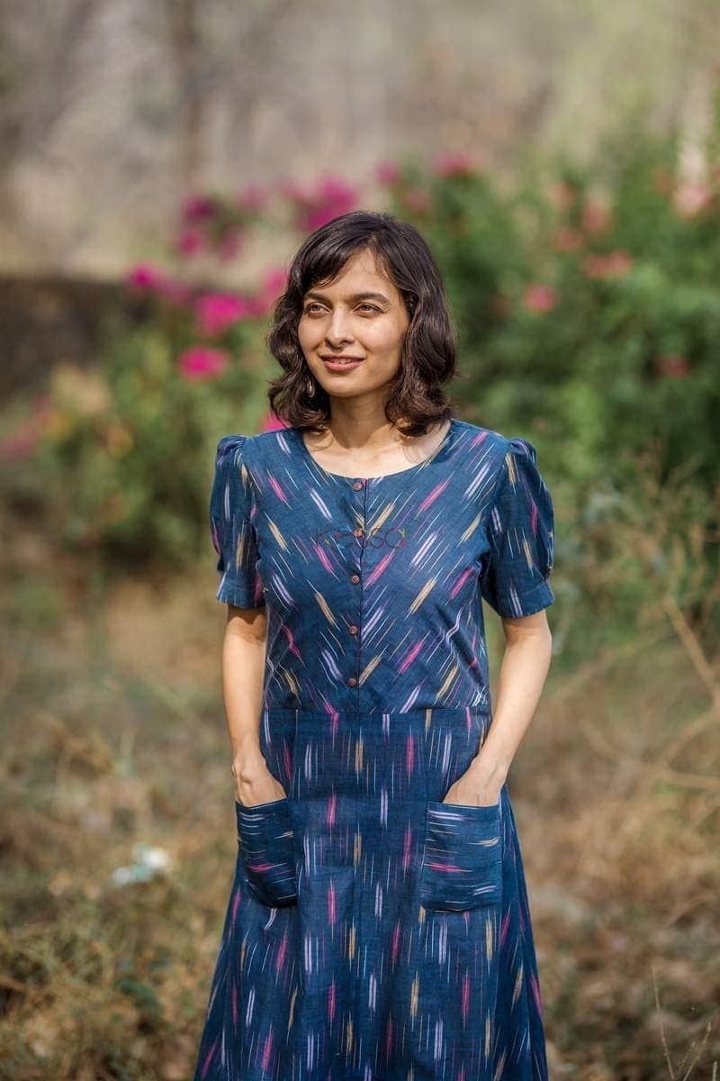 Image for Navy Blue Mustard Ikat Kurta With Culottes Closeup 1
