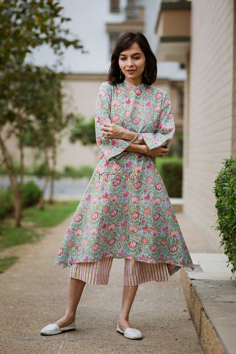 Image for Pink Teal Blue Culotte Set Side