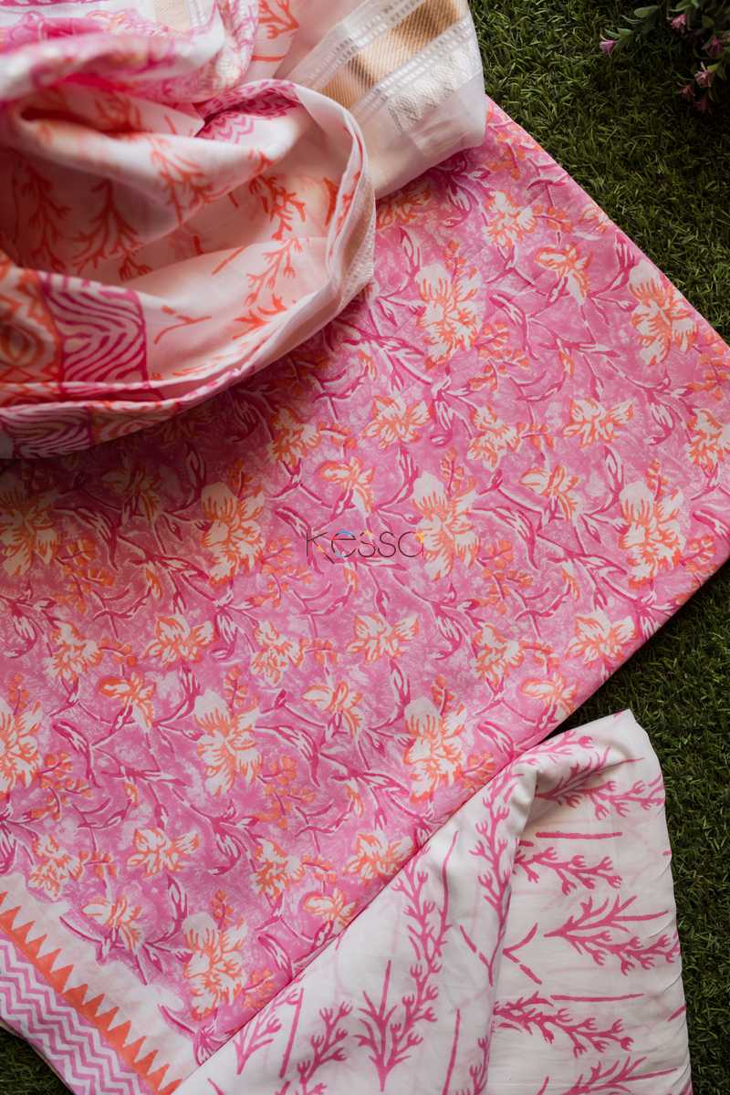 Image for Pink White Unstiched Suit With Cotton Dupatta