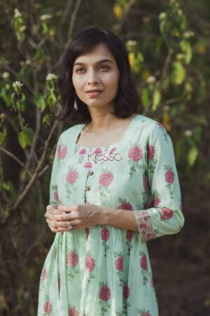 Image for Turquoise White Red Jacket Style A Line Kurta Closeup