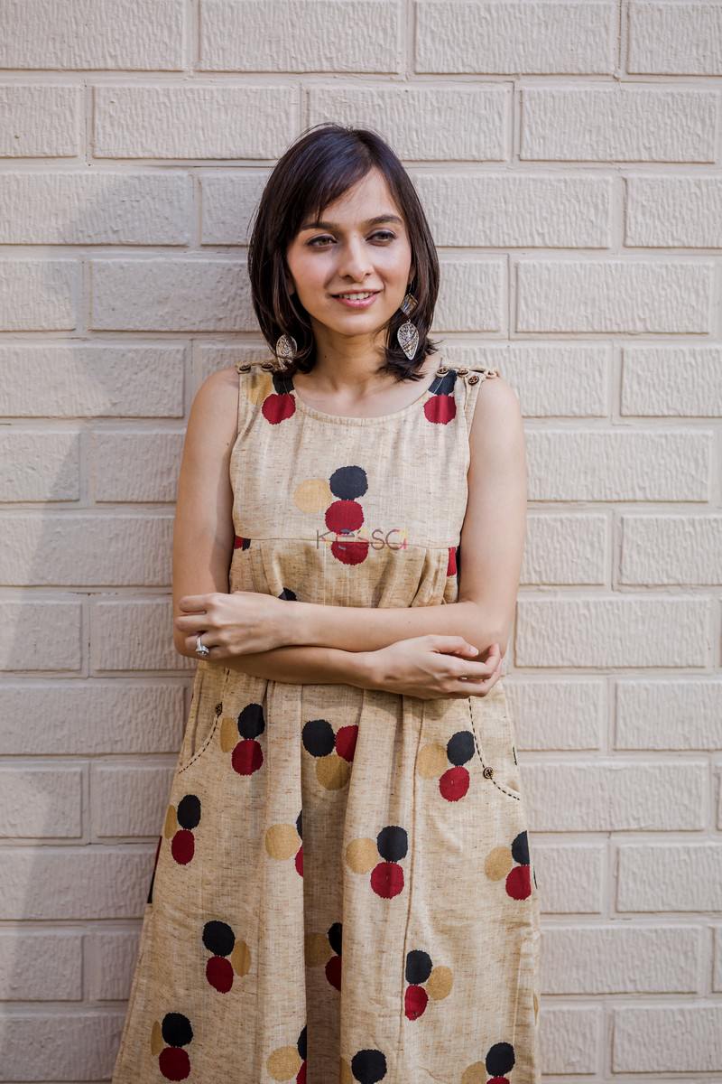 Image for Beige Polka Dots Sleeveless Dress Closeup
