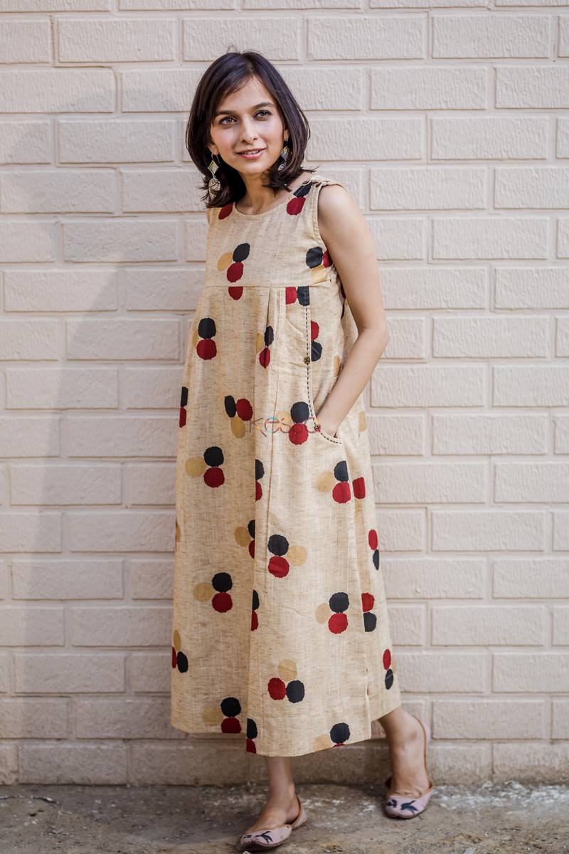 Image for Beige Polka Dots Sleeveless Dress Pockets