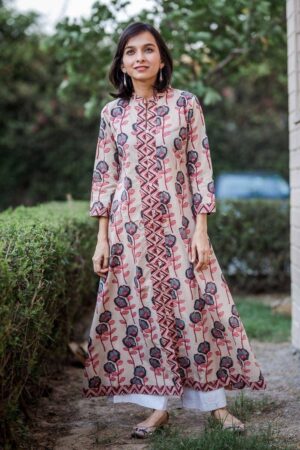 Image for Grey Pink Phool Jaal Kurta Front