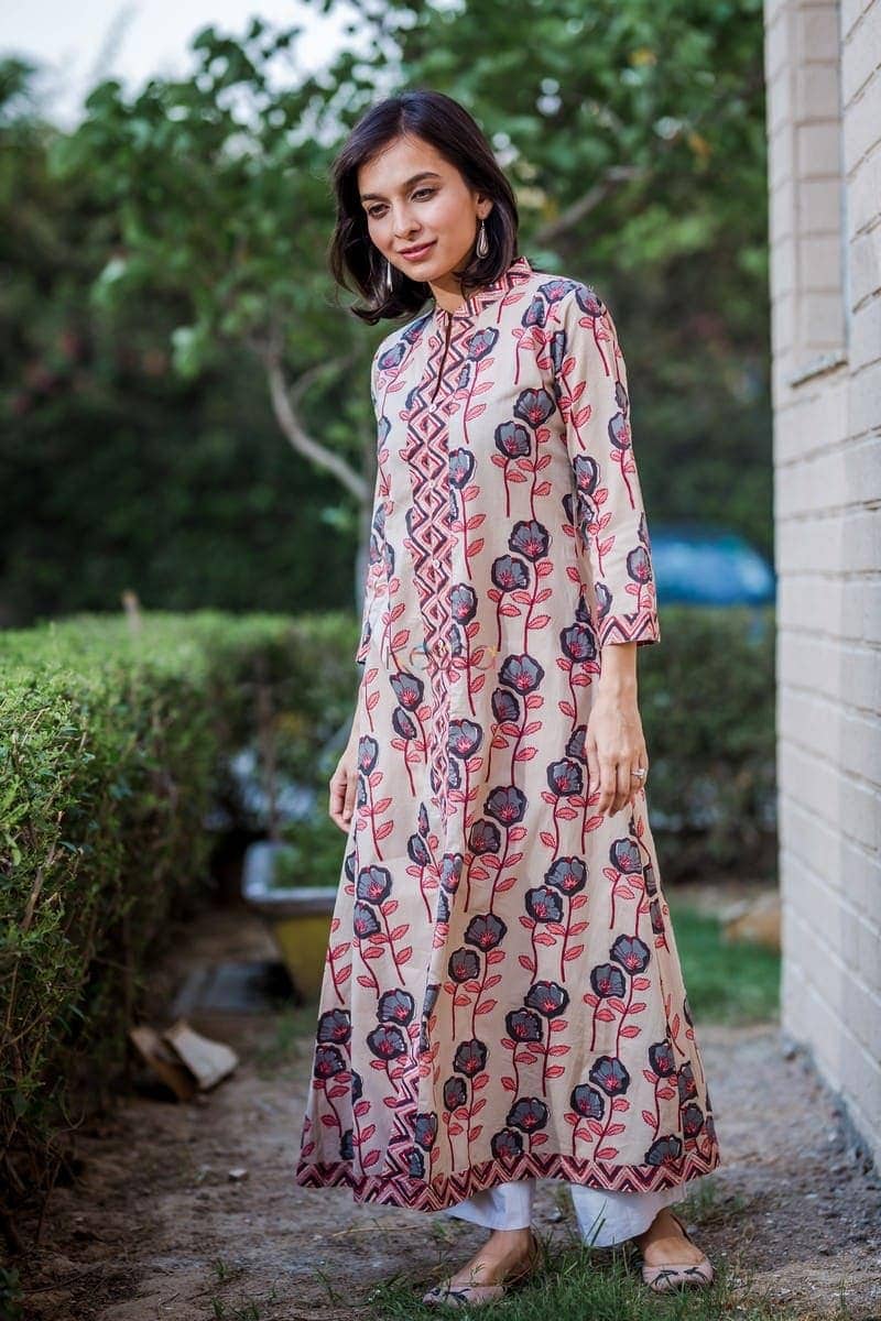Image for Grey Pink Phool Jaal Kurta Side