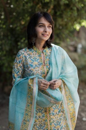 Image for Yellow Blue Jaal Print Kurta With Dupatta Closeup