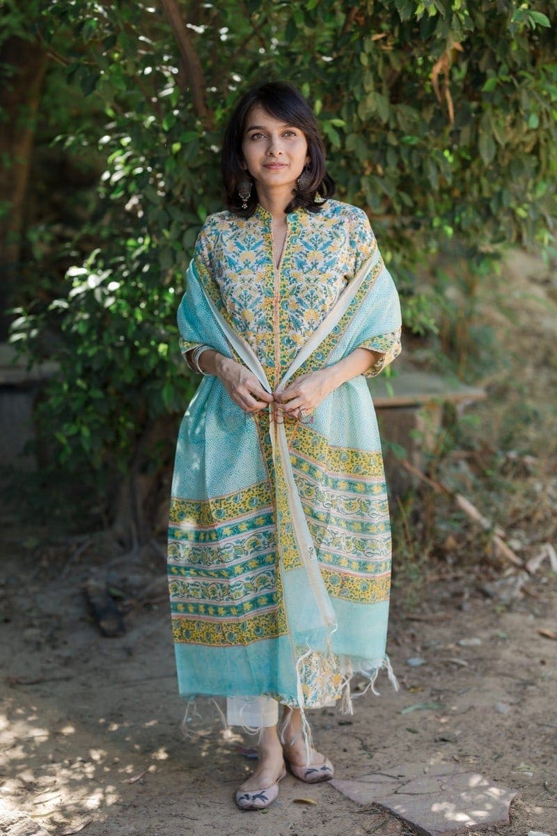 Image for Yellow Blue Jaal Print Kurta With Dupatta