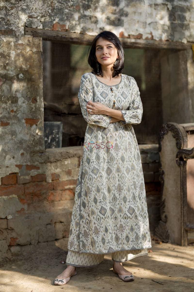 Image for Grey Cream Kurta Pant Set Front
