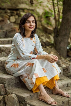 Image for Mustard Grey A Line Kurta Closeup