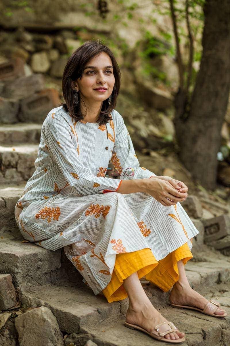 Image for Mustard Grey A Line Kurta Closeup