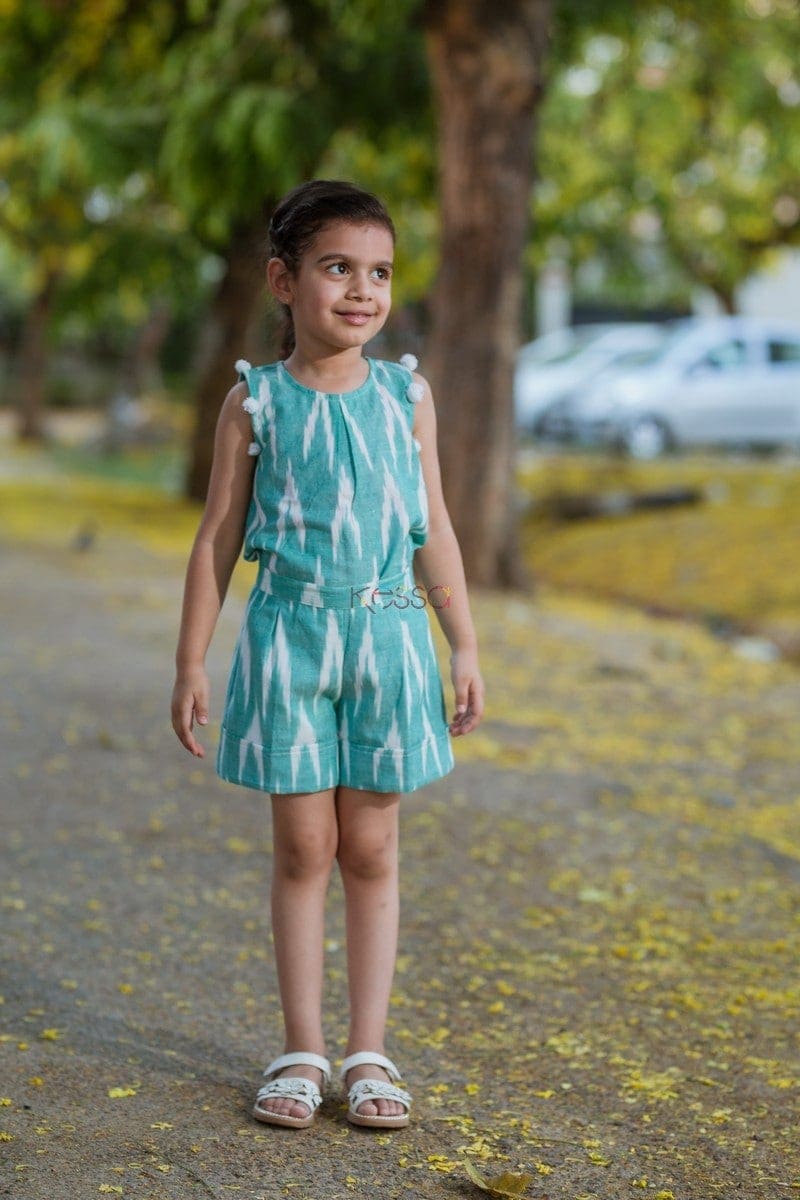 Image for Sea Green Ikat Top With Turn Up Short Details