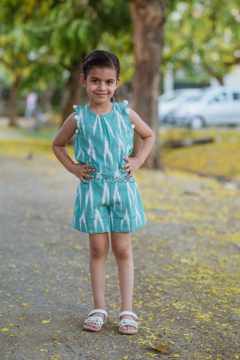 Image for Sea Green Ikat Top With Turn Up Short Front
