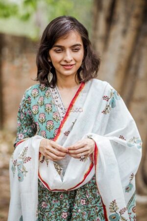 Image for Turquoise Kurta With Chanderi Dupatta Closeup
