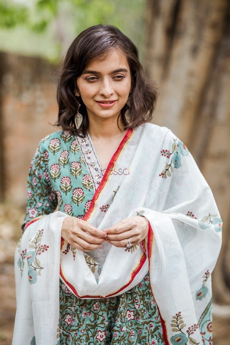 Image for Turquoise Kurta With Chanderi Dupatta Closeup