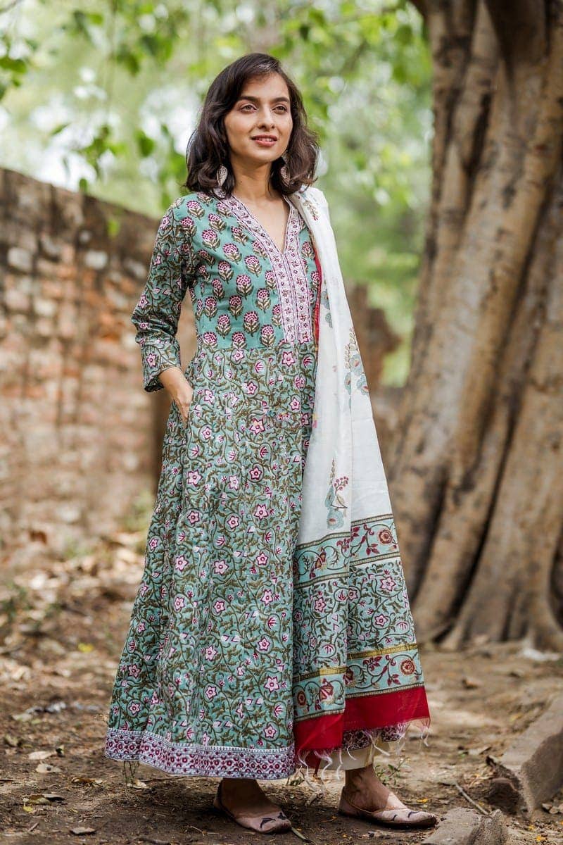 Image for Turquoise Kurta With Chanderi Dupatta Side