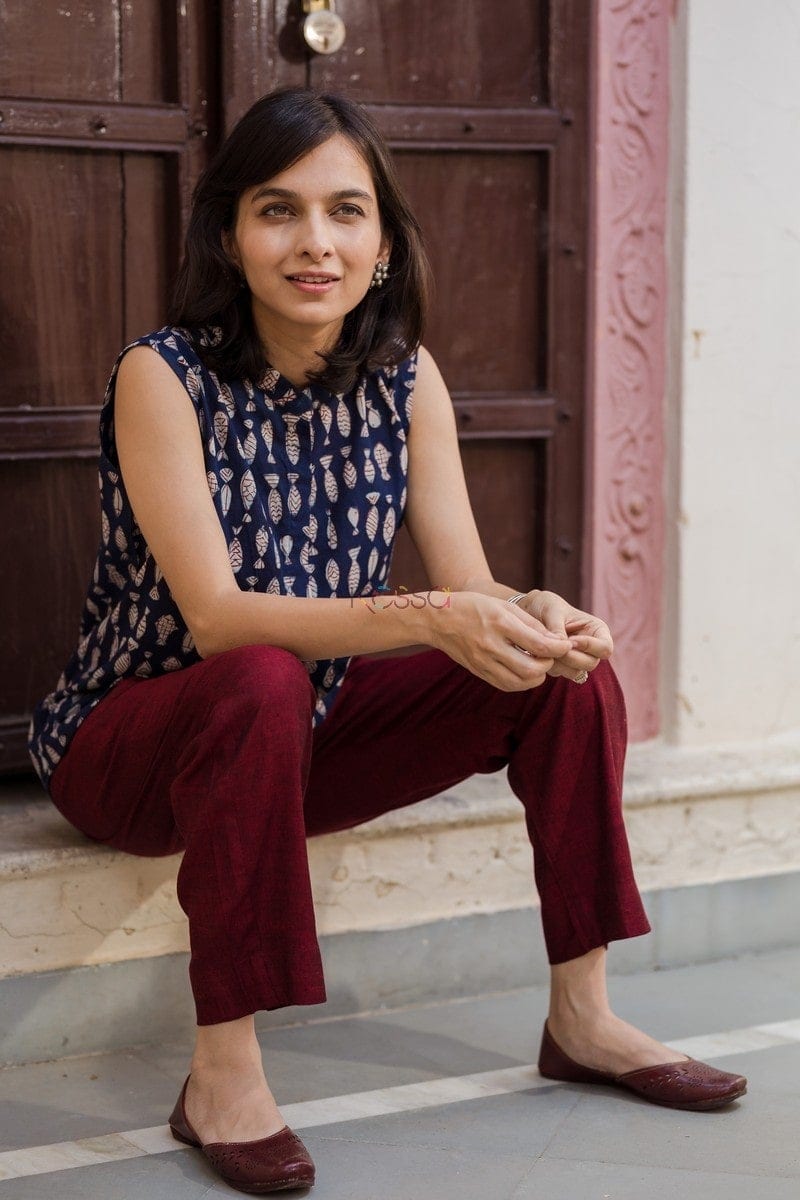 Image for Indigo Top With Maroon Pants Closeup