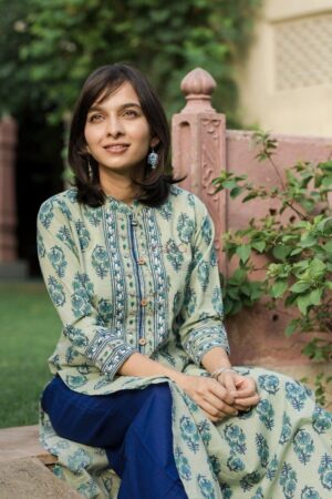 Image for Pista Green Block Print Kurta Closeup