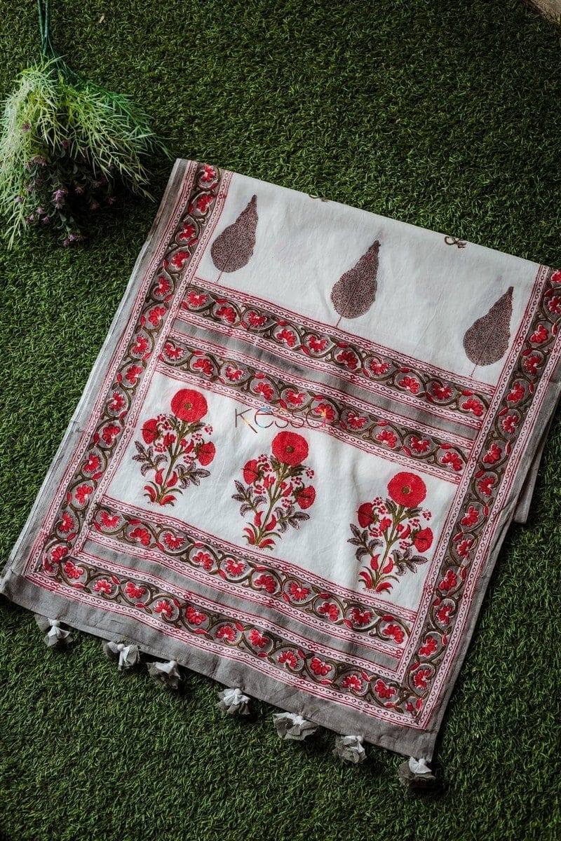 Image for Kusvaa Kjs12 Grey Crimsom Mughal Handblock Motif Stole Featured