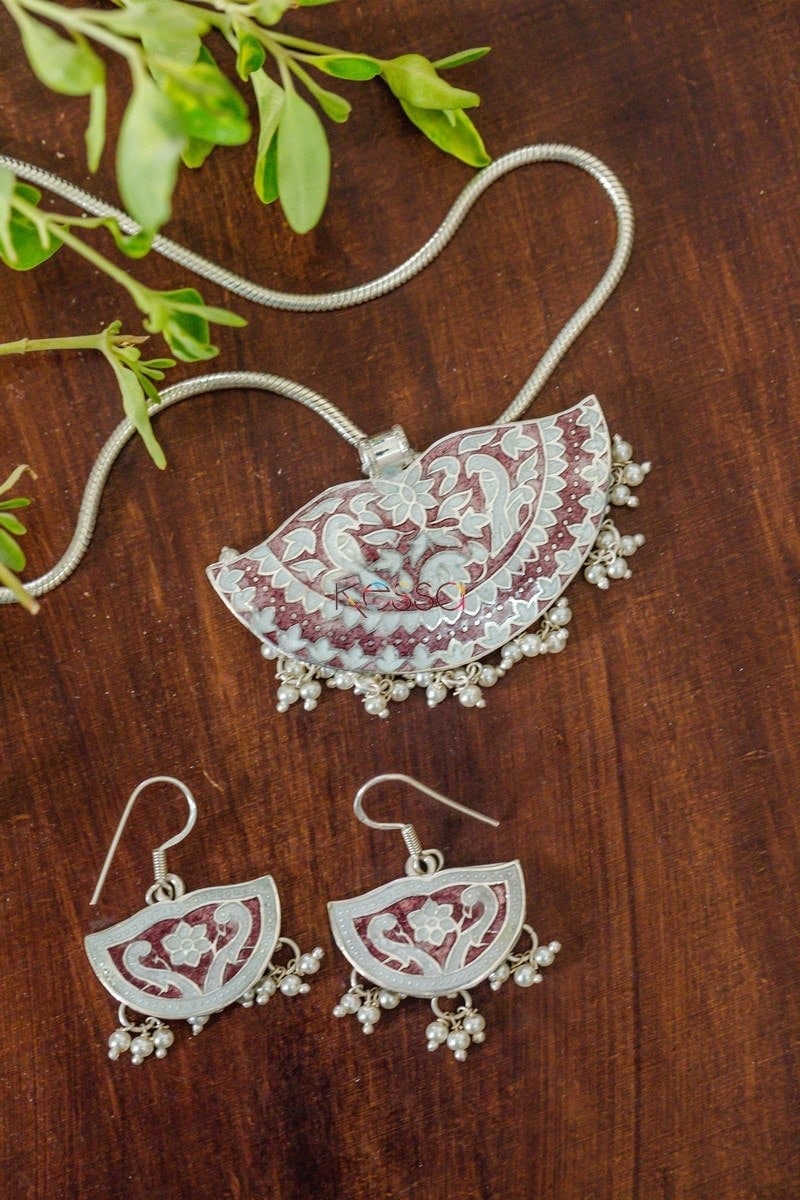 Image for Kusvaa Kusum Km10 Chestnut White Meenakari Pendent Earrings Set