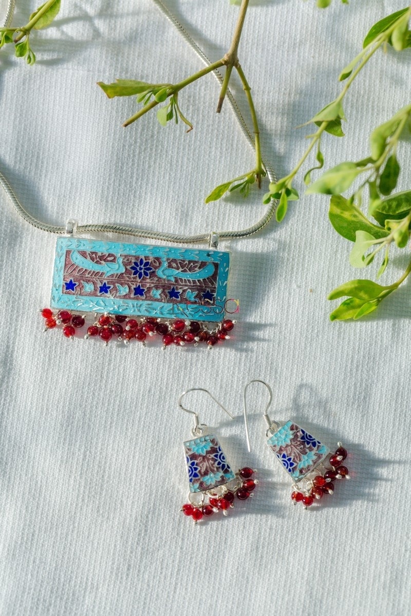 Image for Kusvaa Kusum Km13 Aqua Crimson Meenakari Rectangular Pendent Earrings Set
