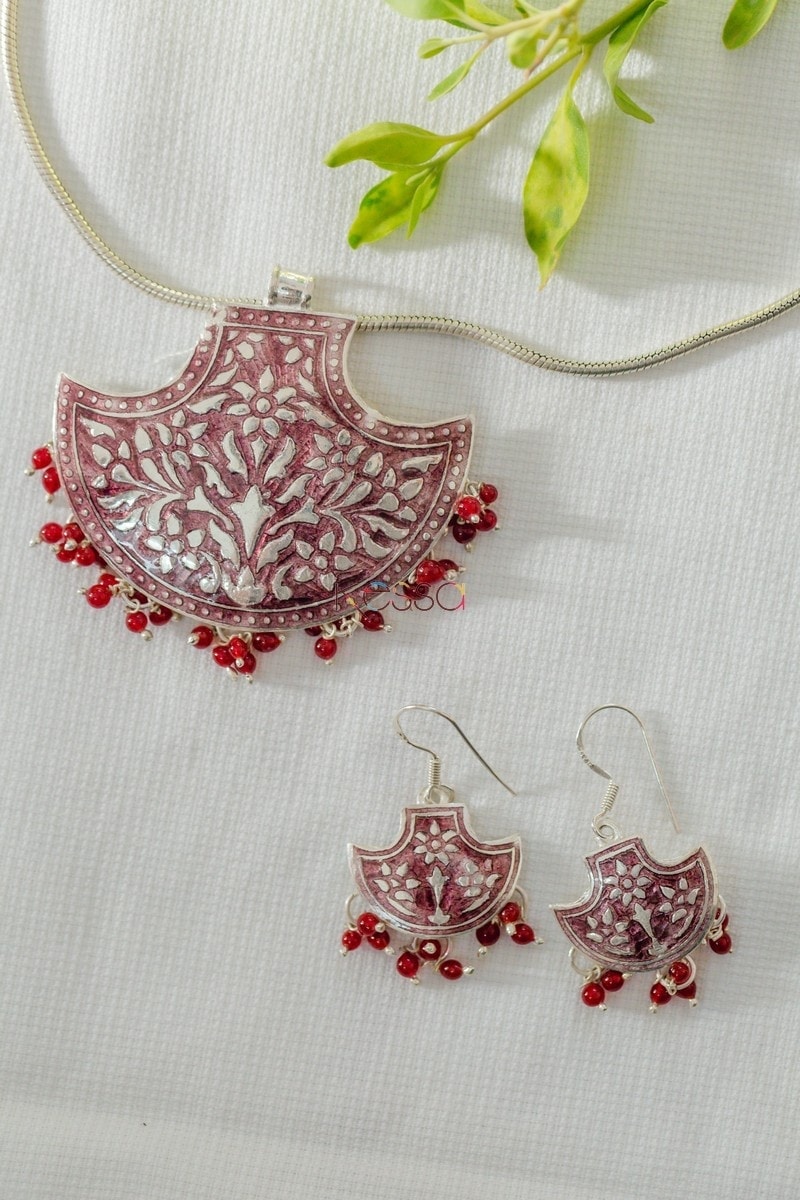 Image for Kusvaa Kusum Km14 Chestnut Crimson Meenakari Pendant Earrings Set 1