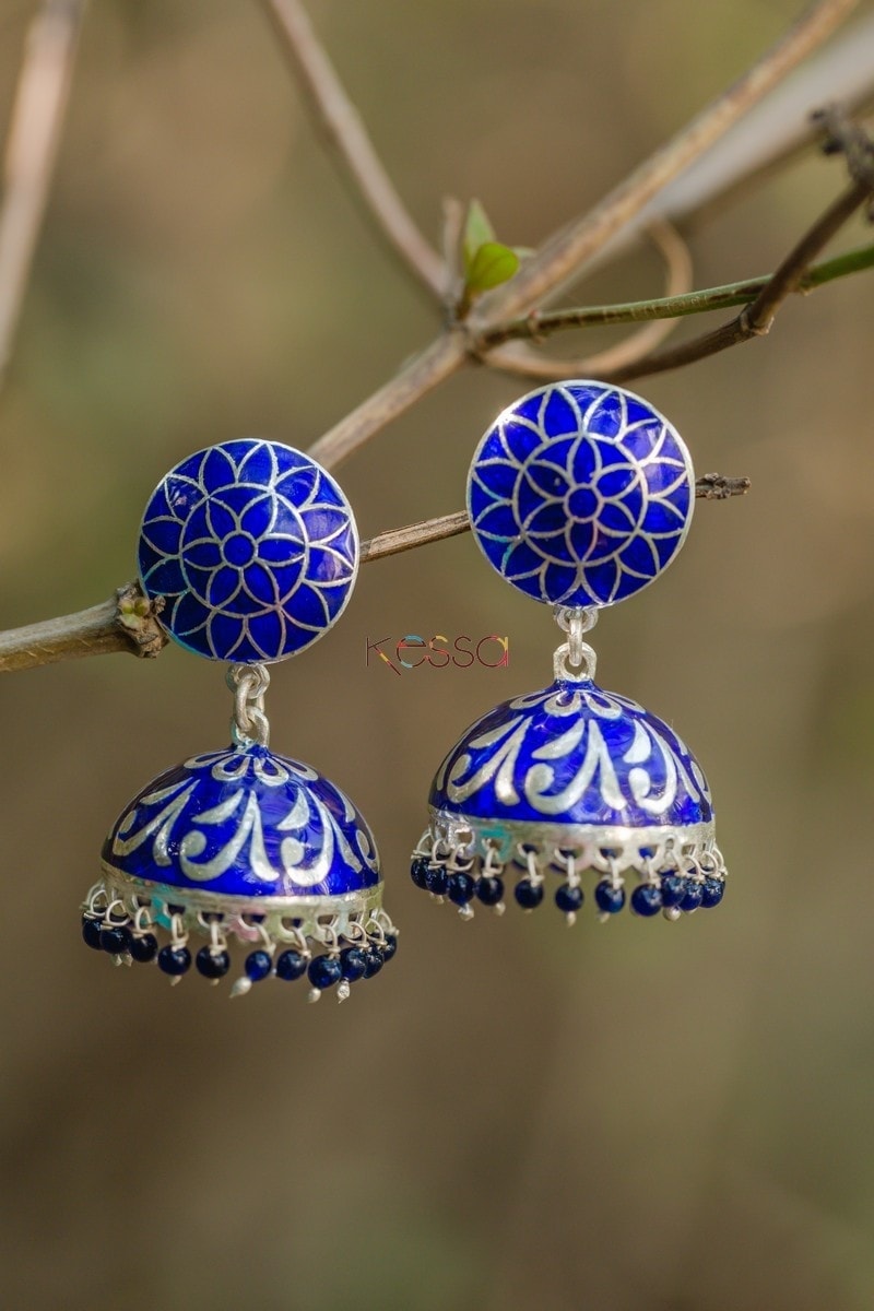 Image for Kusvaa Kusum Km16 Royal Blue Meenakari Jhumki Earrings