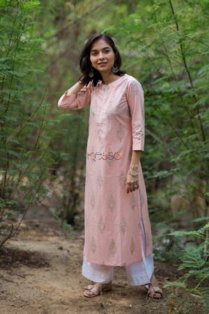 Image for Kusvaa Taf10 Salmon Pink Gold White Printed Kurta Featured