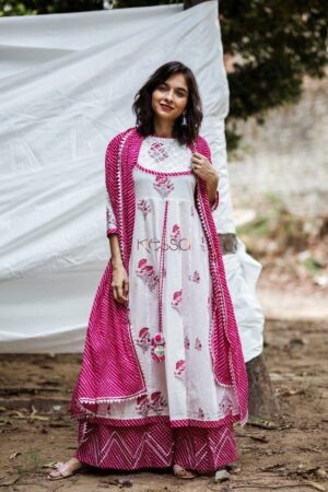 Image for Kusvaa Ws439 Fuschia White Handblock And Leheriya Set Featured