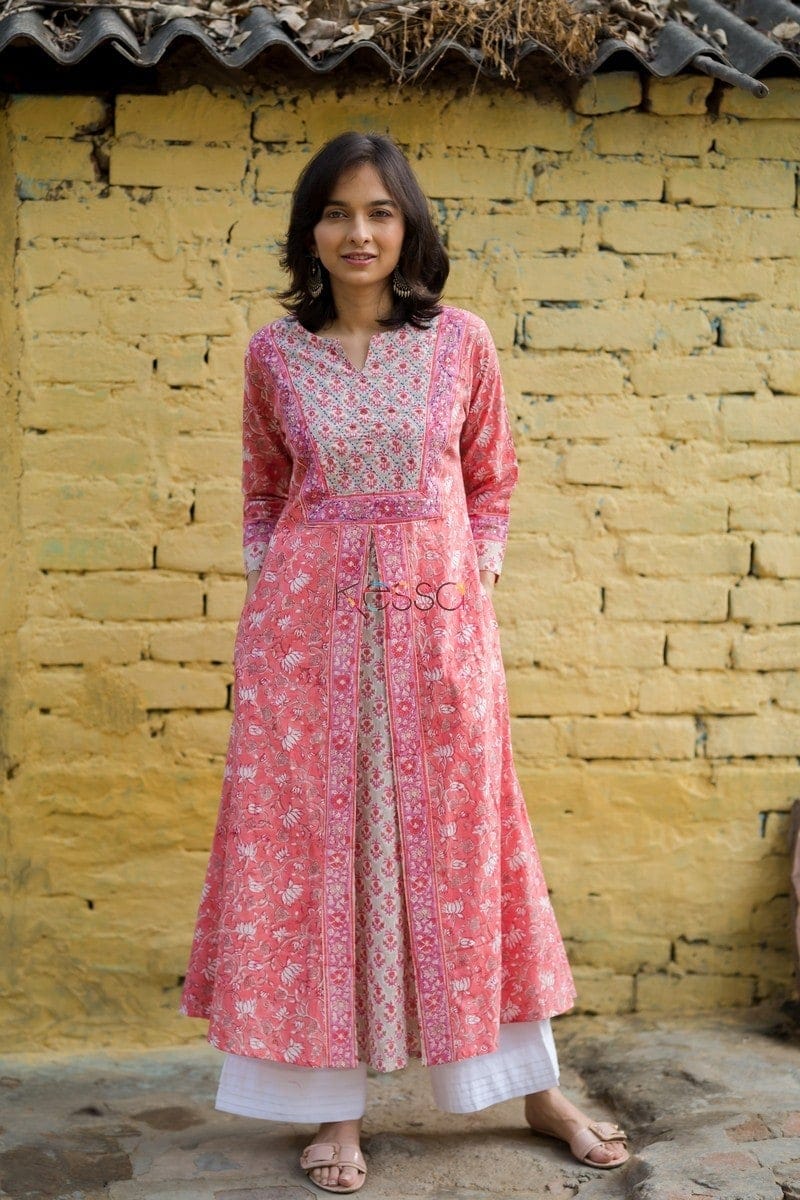 Image for Kusvaa Wsr70 Peach Handblock Layered Kurta Featured