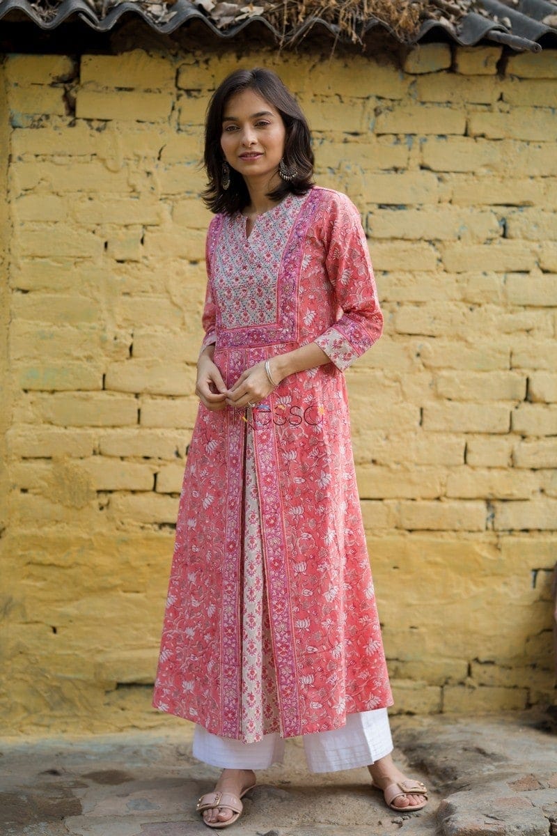 Image for Kusvaa Wsr70 Peach Handblock Layered Kurta Front