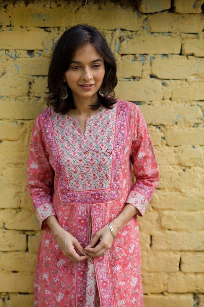 Image for Kusvaa Wsr70 Peach Handblock Layered Kurta Side