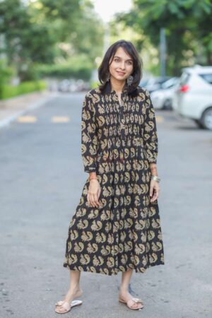 Image for Kc36 Black Green Handblock Pleated Dress Featured