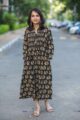 Image for Kc36 Black Green Handblock Pleated Dress Front