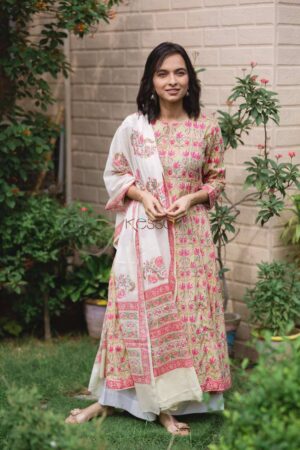 Image for Kuoj76 Lime Green Pink Handblock Kurta With Dupatta Featured
