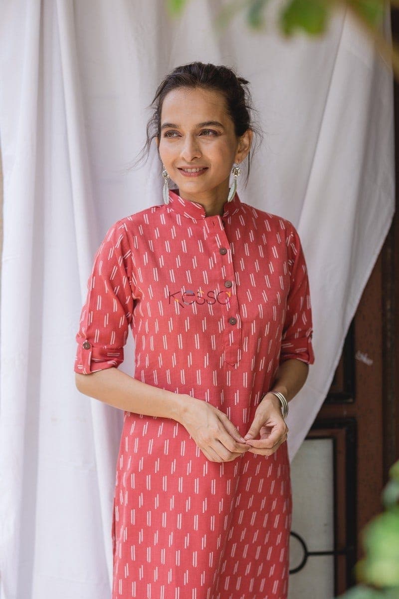 Image for Kusvaa Taf11 Coral Pink Straight Fit Kurta Closeup