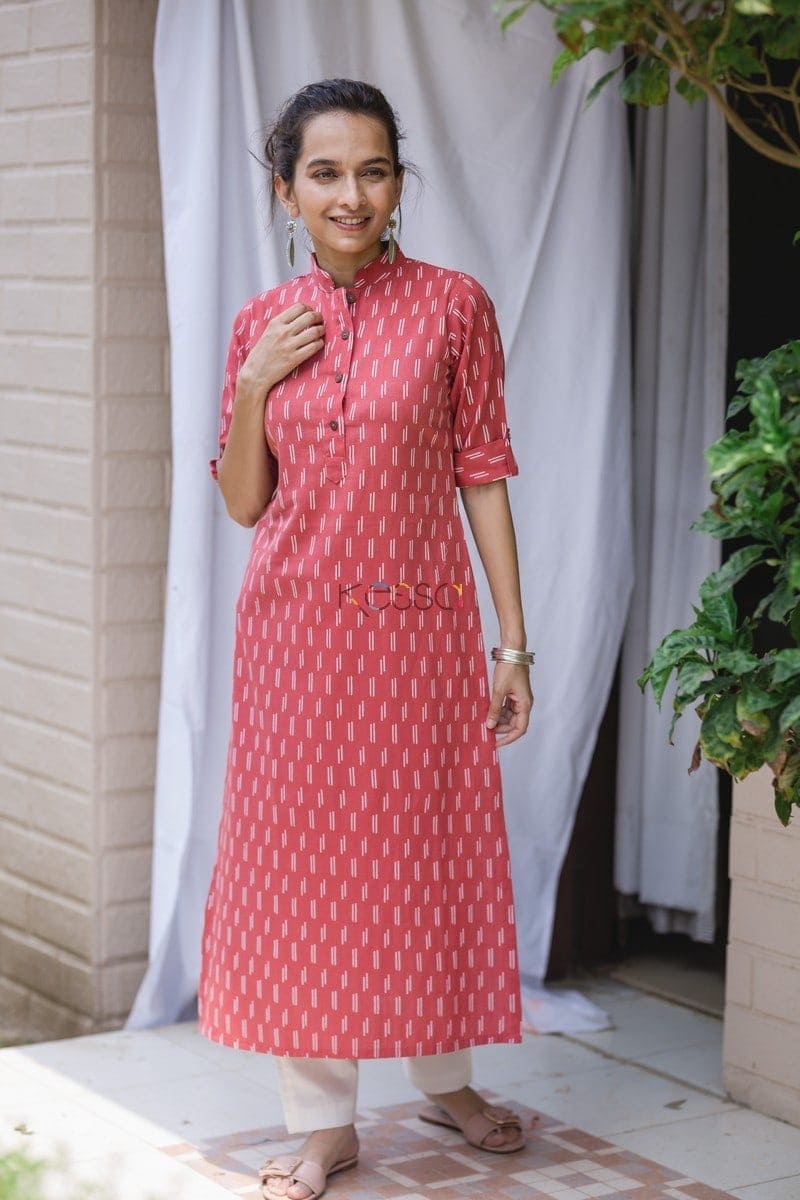 Image for Kusvaa Taf11 Coral Pink Straight Fit Kurta Side