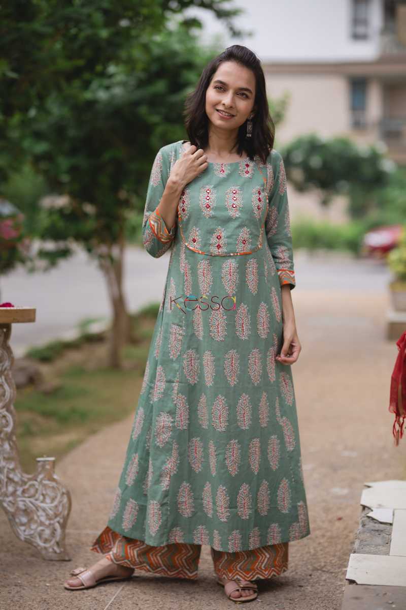 Image for Kusvaa Wa285a Paradise Green Hand Block Kurta With Chevron Pants Front