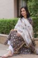 Image for Kusvaa Wsr71 Mughal Phool Jaal Charcoal Black Kurta Dupatta Set Closeup New