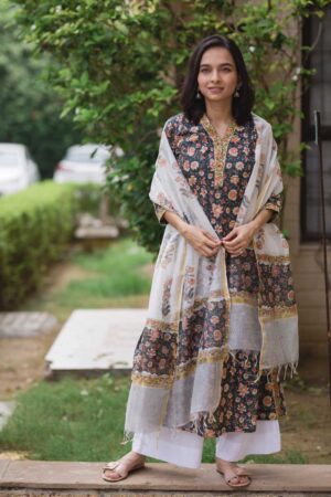 Image for Kusvaa Wsr71 Mughal Phool Jaal Charcoal Black Kurta Dupatta Set Featured New