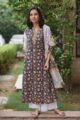 Image for Kusvaa Wsr71 Mughal Phool Jaal Charcoal Black Kurta Dupatta Set Front New