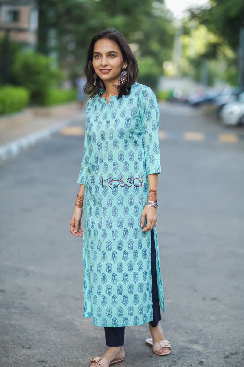 Image for Taf12 Electric Blue Handblock Kurta Side