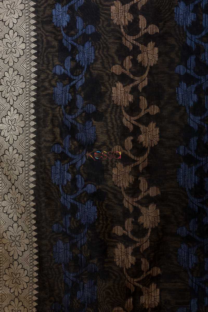 Image for Kudu Black Cream And Blue Banarasi Dupatta Closeup