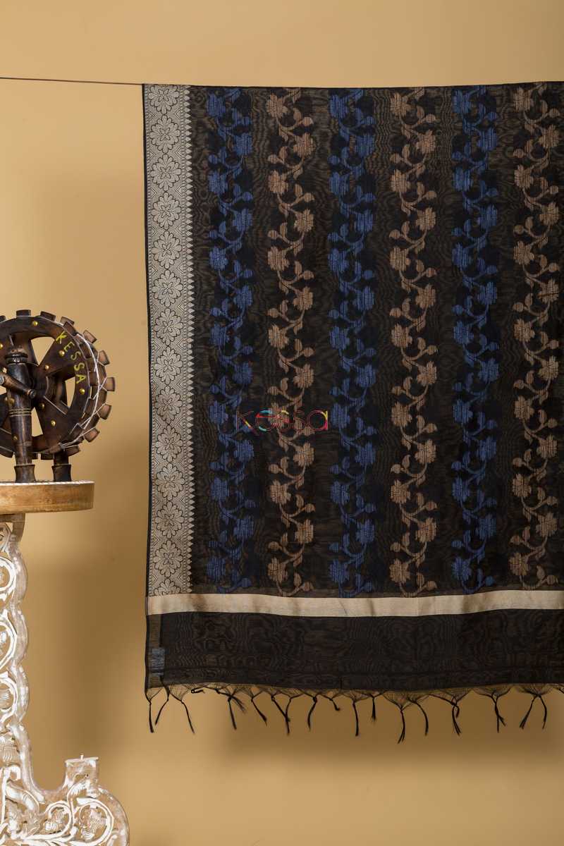 Image for Kudu Black Cream And Blue Banarasi Dupatta Side