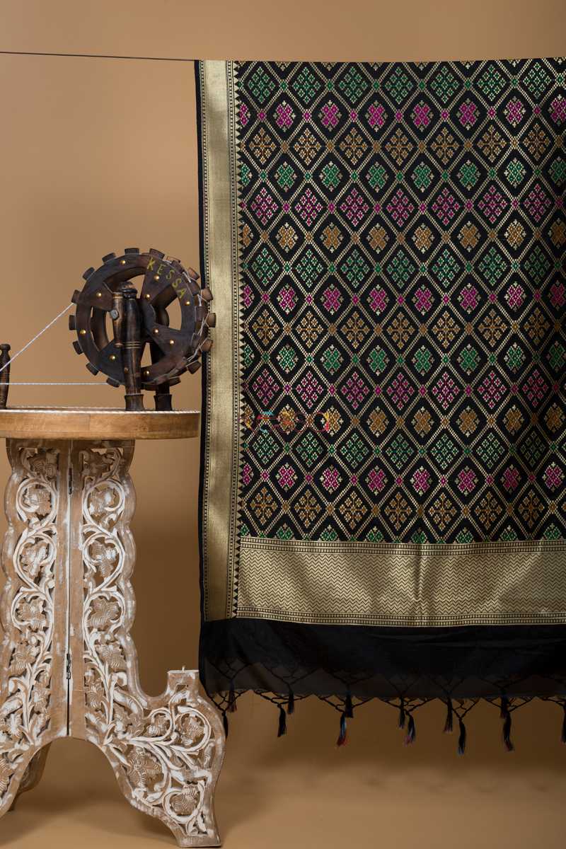 Image for Kusvaa Kudu49 Black Diamond Jaal Patola Dupatta Front