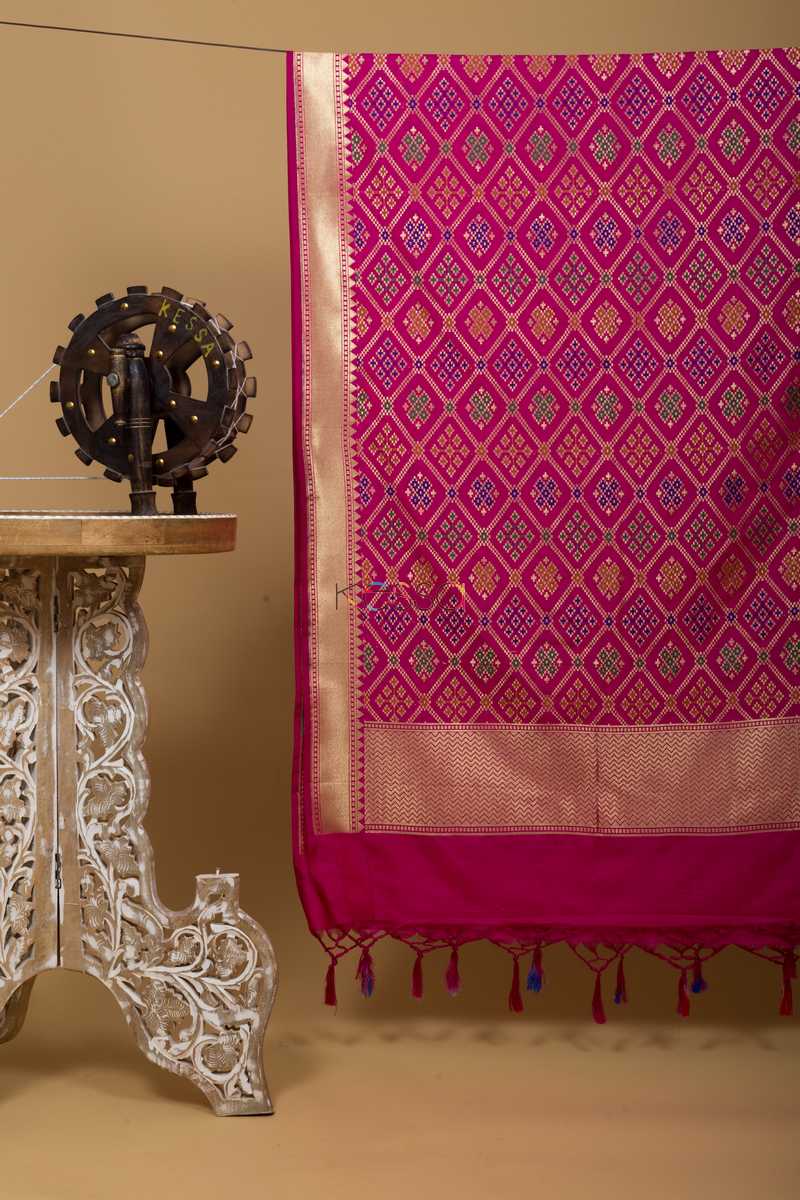 Image for Kusvaa Kudu49 Pink Diamond Jaal Patola Dupatta Front