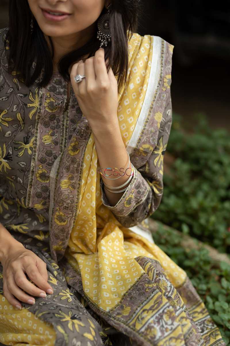 Image for Kusvaa Kuoj80 Cedar Brown Yellow Kurta Pant And Dupatta Set Closeup